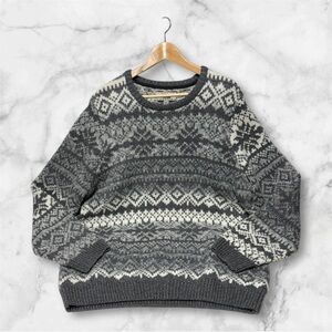 Joseph Abboud Charcoal gray Cream fair isle Knit Sweater XXL unisex wool blend